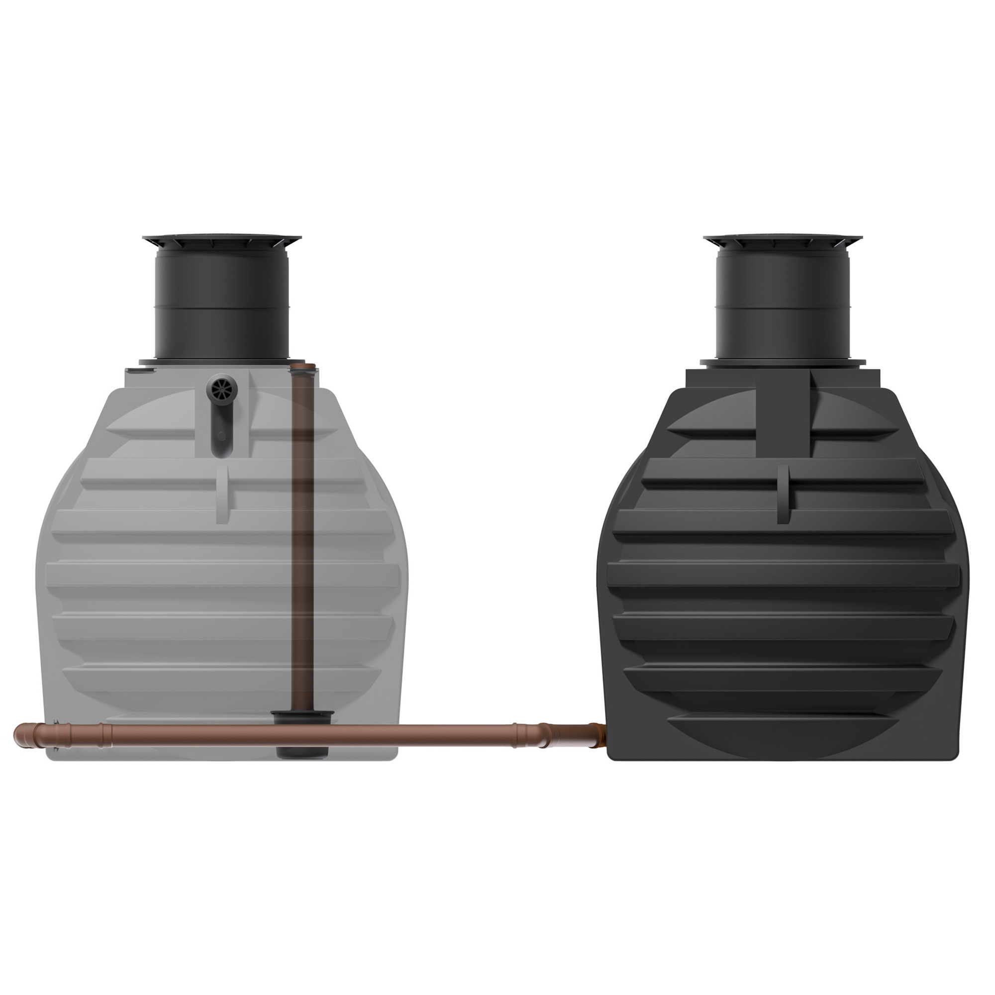 zwei verbundene Erdtanks, 9400 liter, hintenansicht, ein Tank ist transparent und man sieht den Zulaufberuhiger und den den Überlaufsiphon