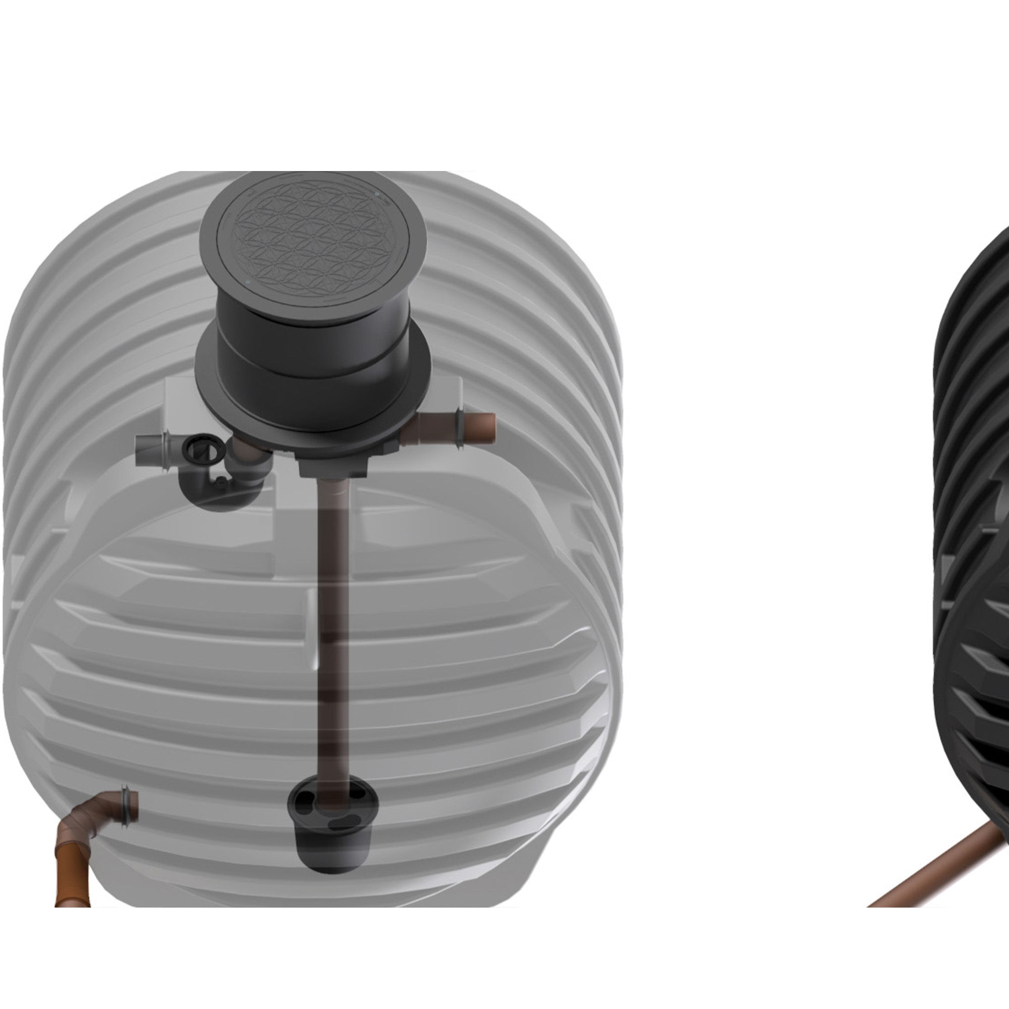 Detailansicht, transparent dargestellter Erdtank mit Tankeinbaufilter und Zulaufberuhiger