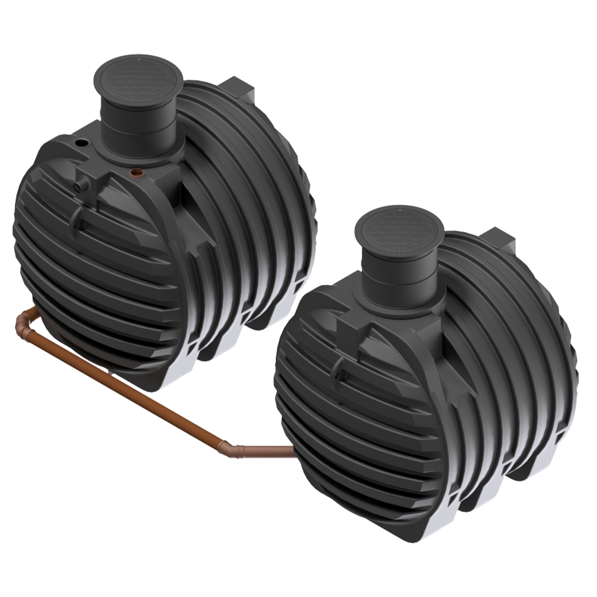 zwei miteinander verbundene Erdtanks, insgesamt mit 13000 LIter Volumen, mit Abdeckung, mit Biovitor