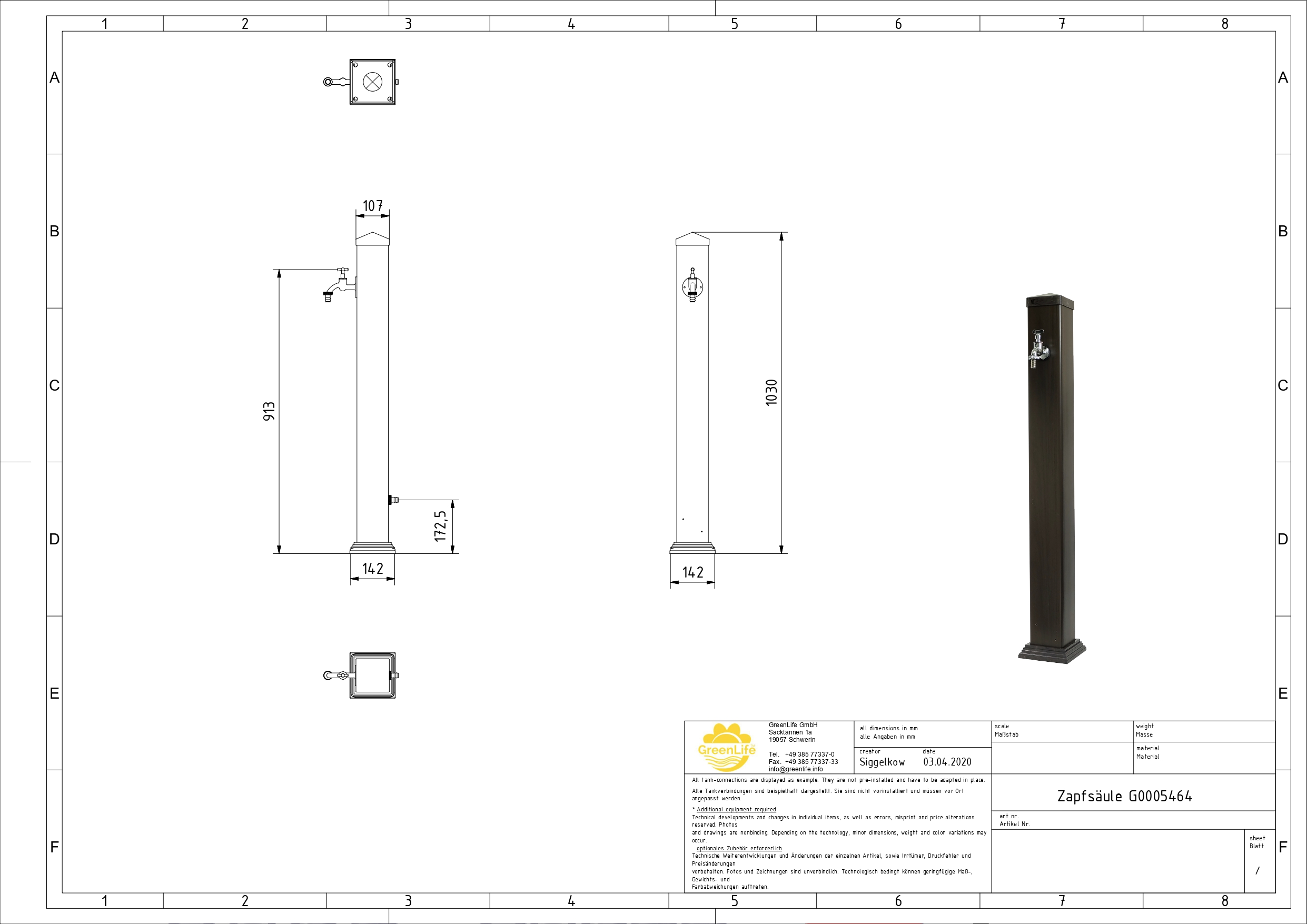 Technische Zeichnung der Gartenzapfsäule Ebenholz mit Maßangaben und Produktabbildung
