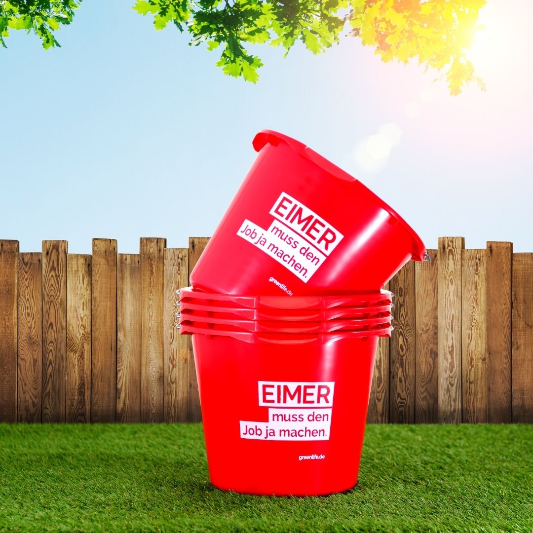 Roter 12 Liter Eimer mit Aufdruck Eimer muss den Job ja machen