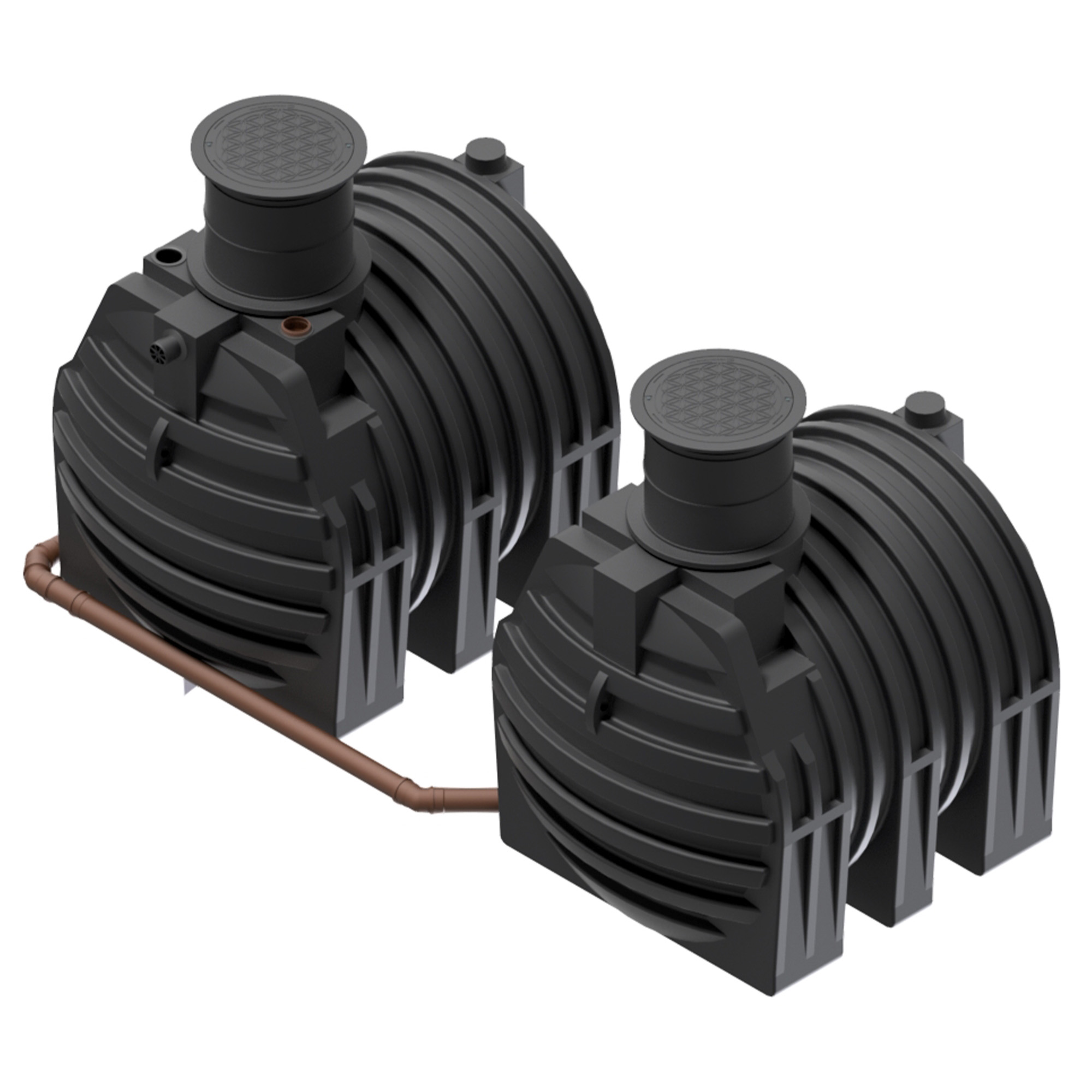 zwei miteinander verbundene Erdtanks, zusammen 9400 Liter, Ansicht seitlich von oben, mit Biovitor