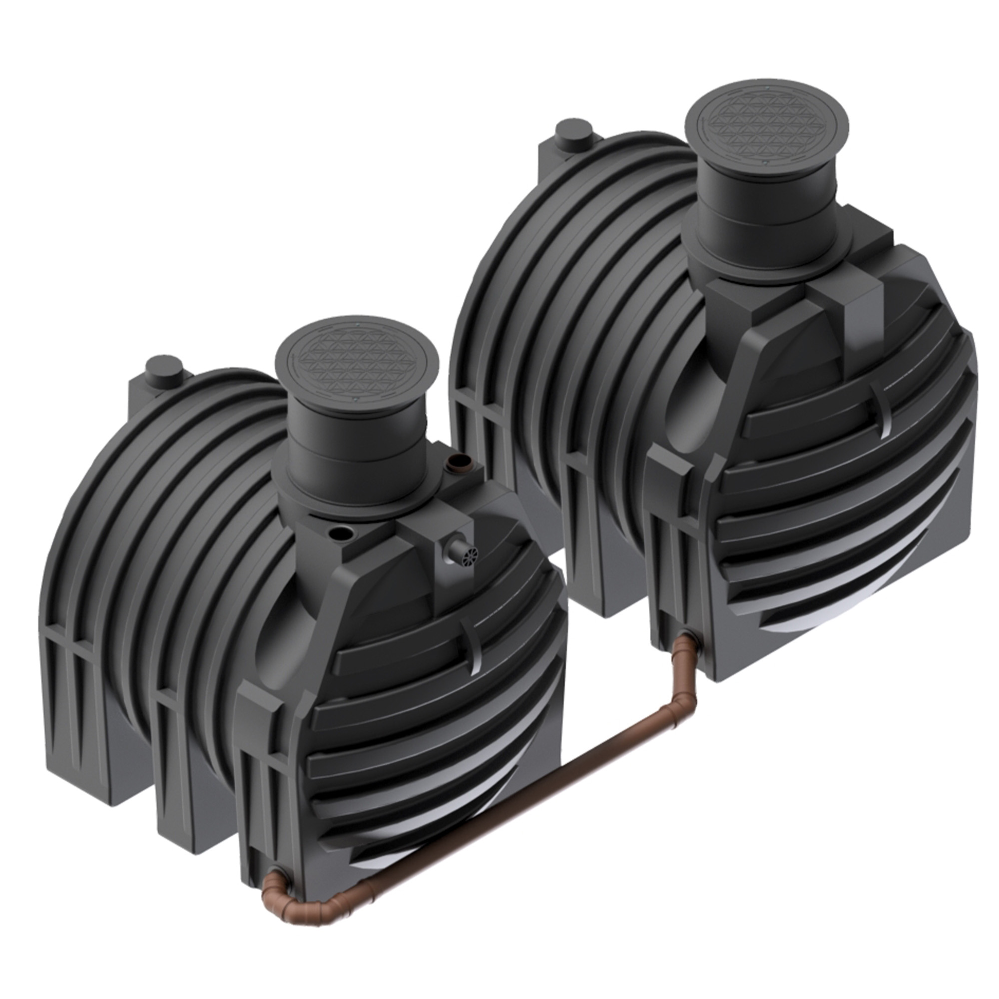 Zwei verbundene Erdtanks mit 9.400 L Volumen und Biovitor-Filter, Seitenansicht von oben