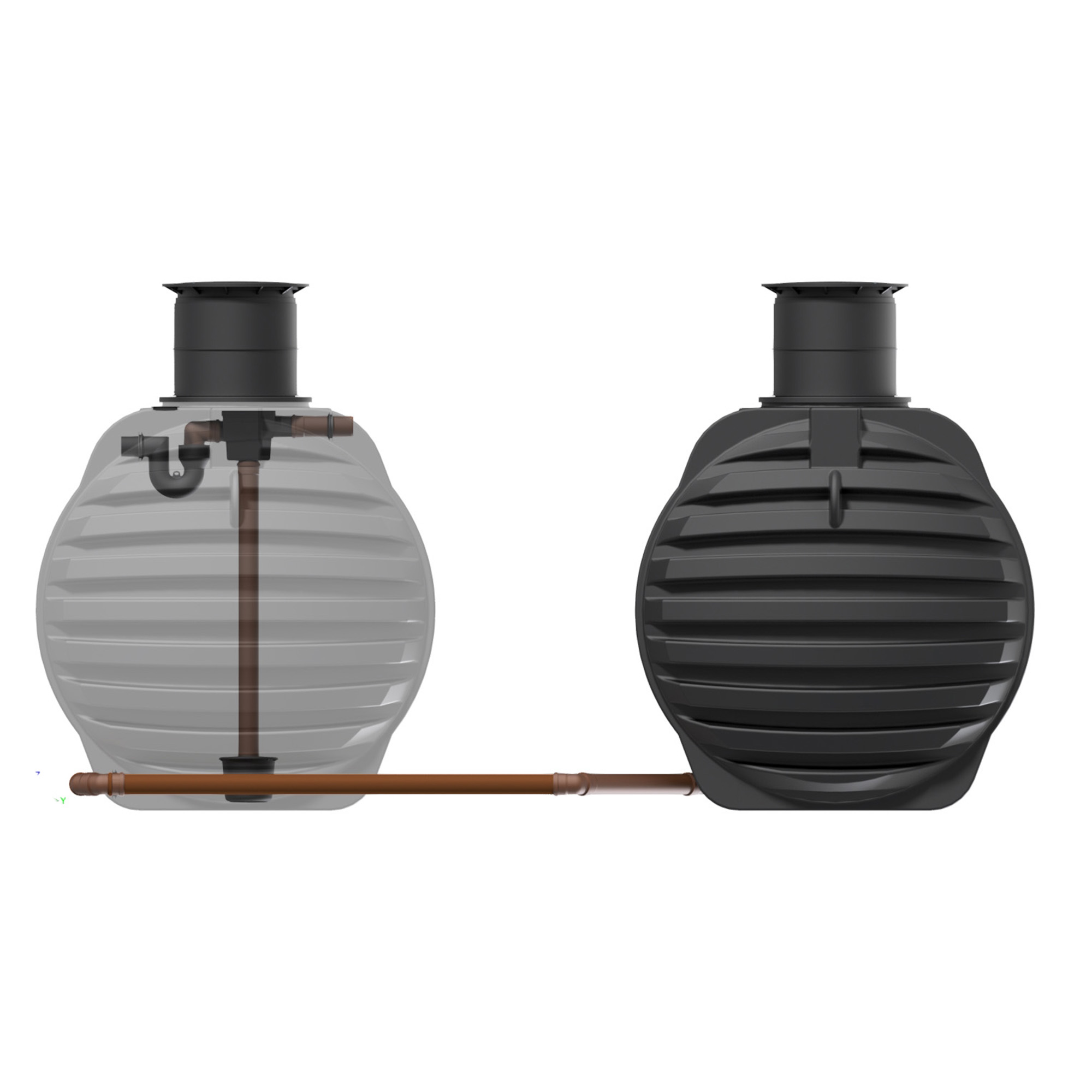 zwei miteinander verbundene Erdtanks mit insgesamt 13000 Liter Volumen, einer transparent dargestellt mit Tankeinbaufilter und Zulaufberuhiger, Rückansicht