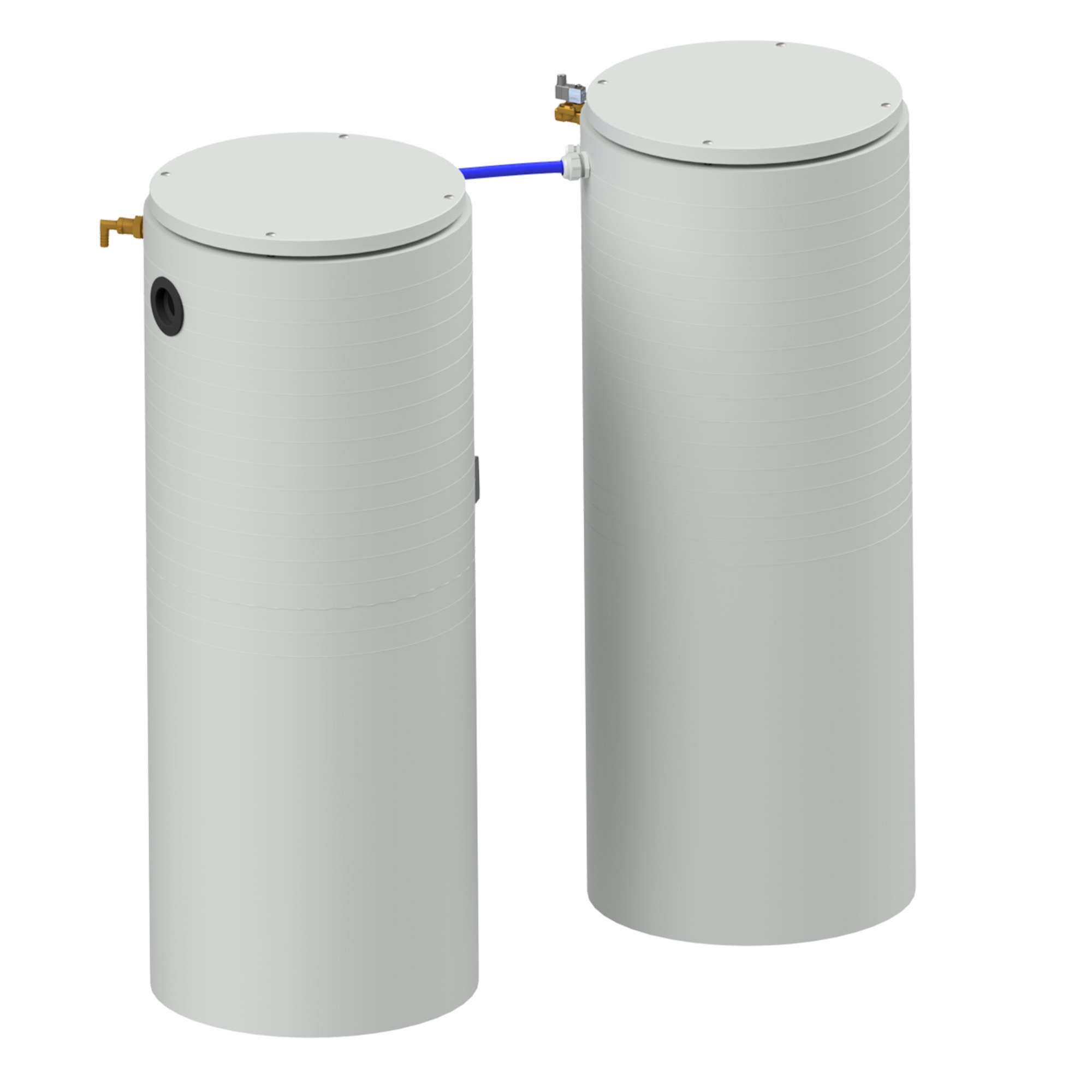 Grauwasseranlage mit zwei weißen runden Tanks, verbunden