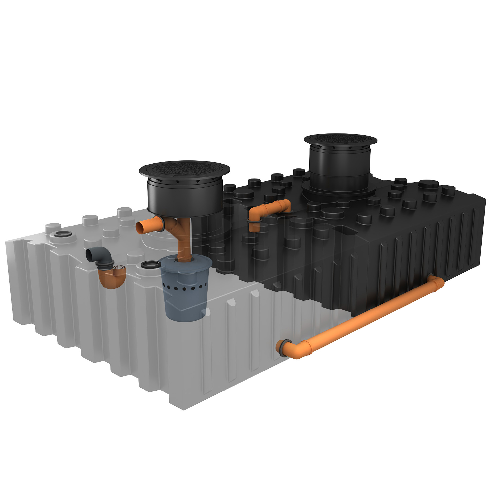 Zwei verbundene Flachtanks mit transparent dargestelltem Tank, sichtbarem Biovitor-Filter und Rohranschlüssen, schräge Seitenansicht von oben