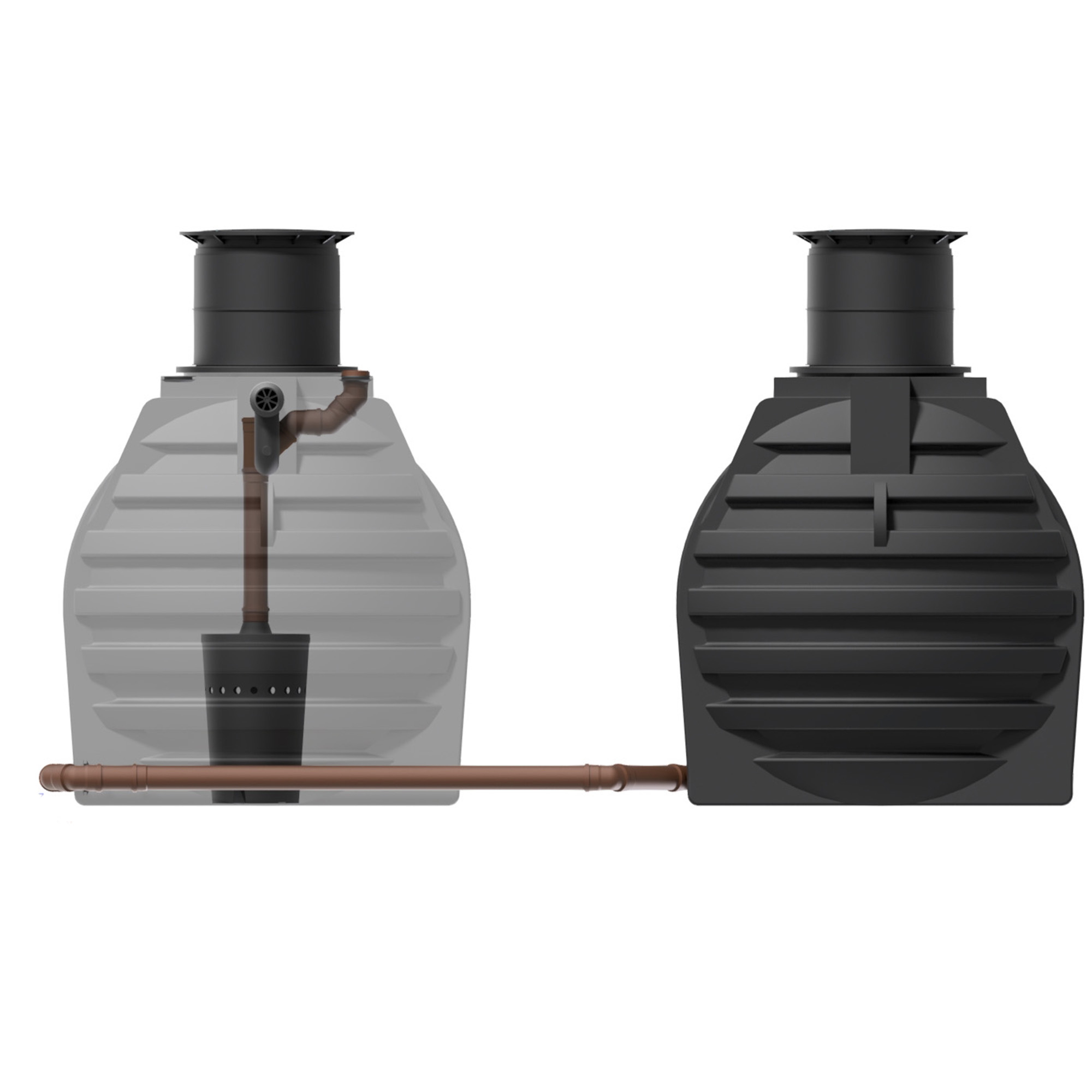 zwei miteinander verbundene Erdtanks, 9400 Liter, ein Tank transparent dargestellt, Biovitor und Überlaufsiphon zu sehen, Rückansicht