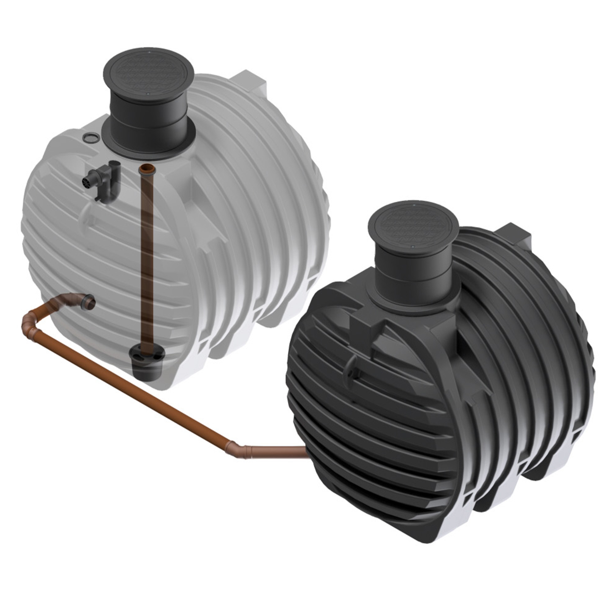 zwei miteinander verbundene Erdtanks mit insgesamt 13000 Liter Volumen, einer davon transparent dargestellt, mit Zulaufberuhiger und Überlaufsiphon, Ansicht seitlich von oben