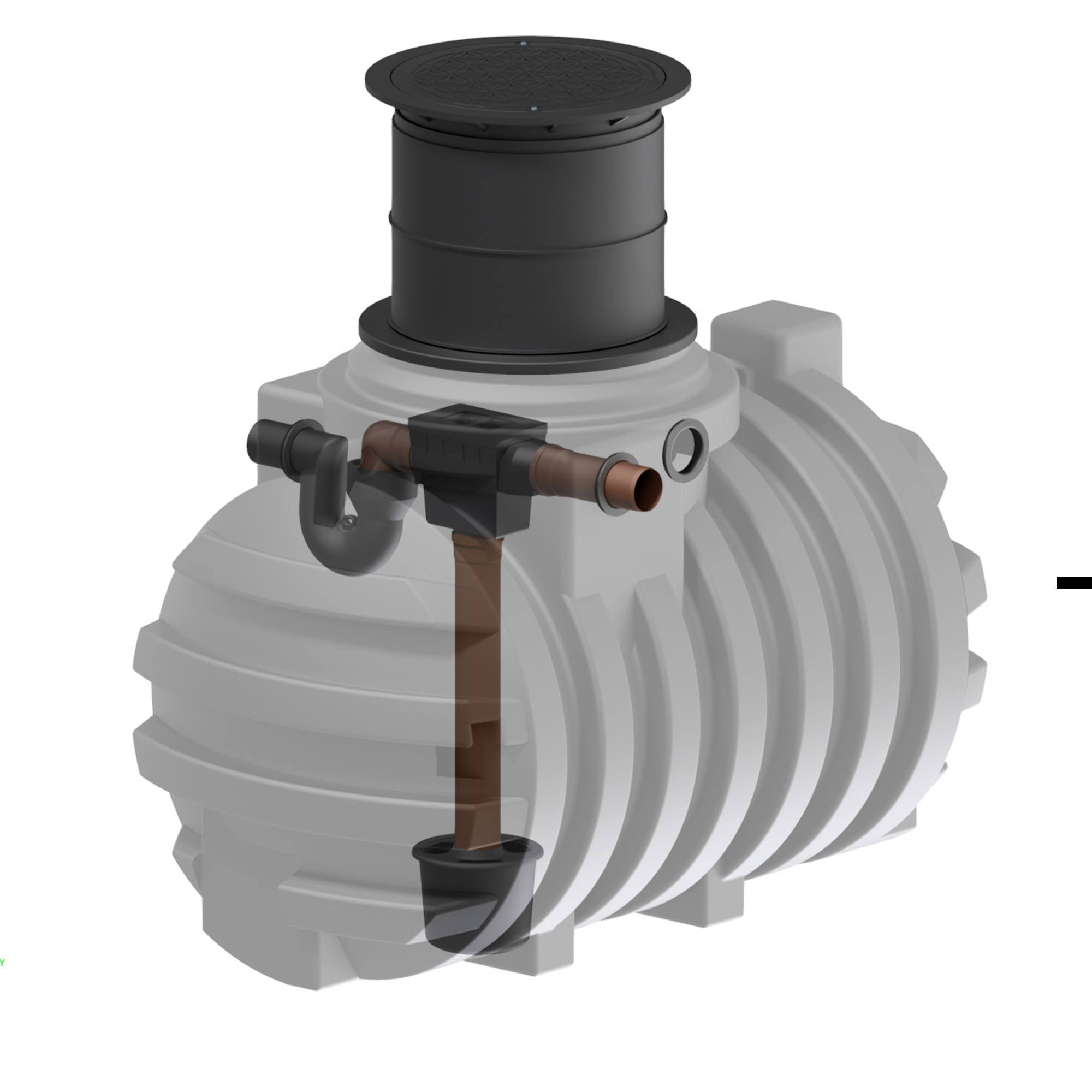 Erdtank 2200 Liter mit integriertem Zulaufberuhiger und Tankeinbaufilter, Innenansicht