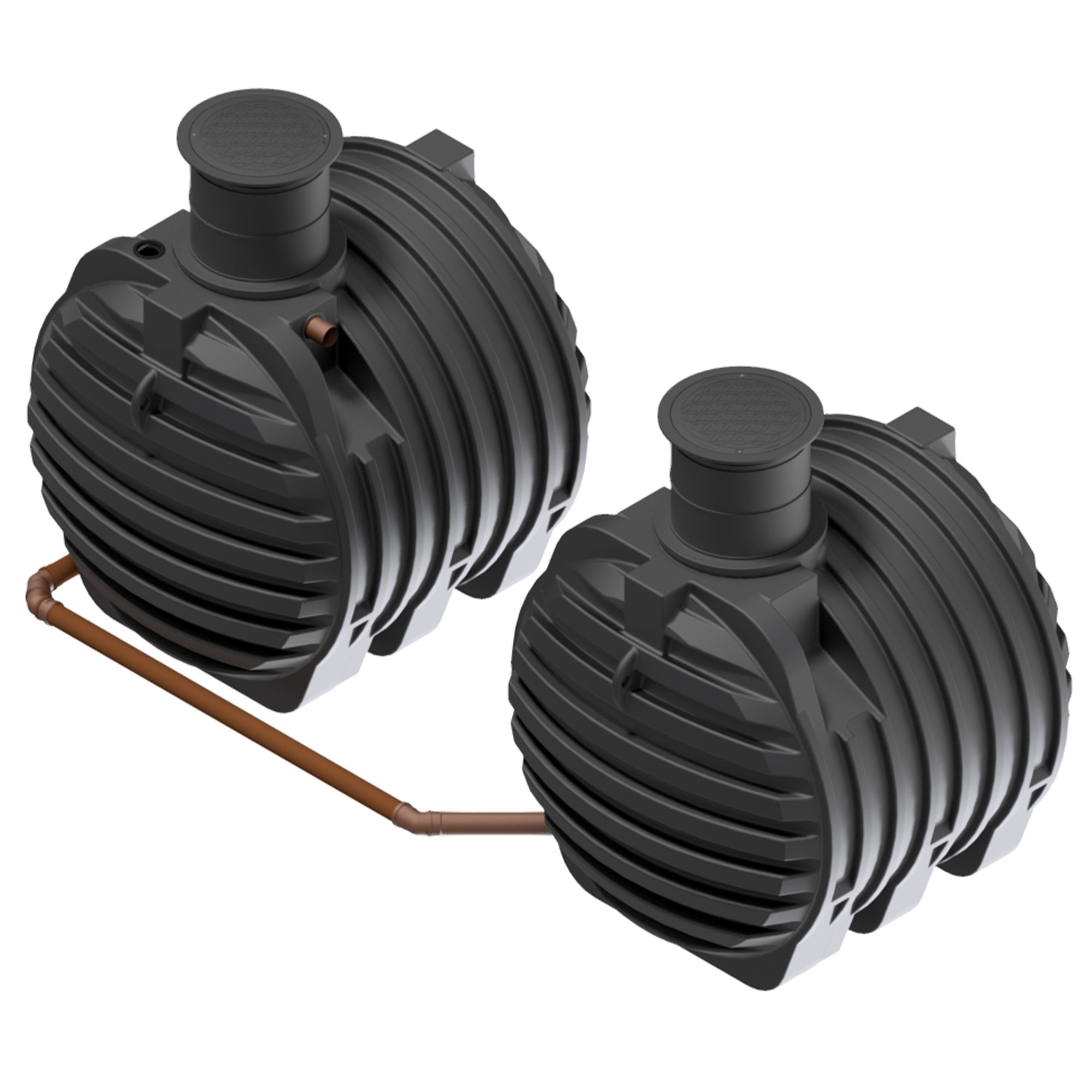 Zwei verbundene Erdtanks mit 13.000 L Gesamtvolumen und Tankeinbaufilter, Ansicht von oben seitlich