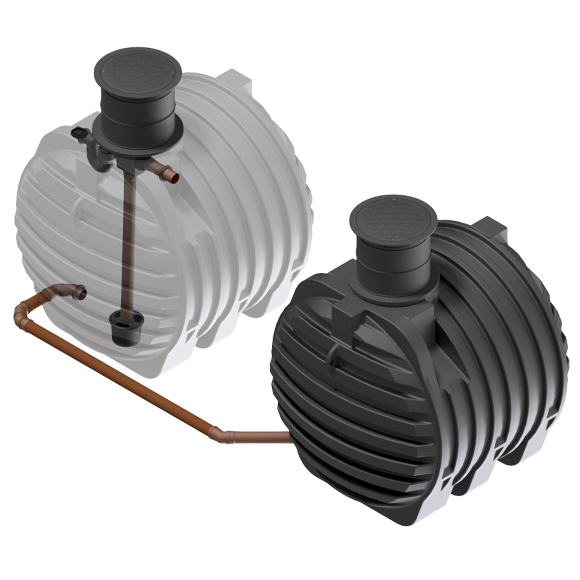 zwei miteinander verbundene Erdtanks mit insgesamt 13000 Liter Volumen, einer transparent dargestellt mit Tankeinbaufilter und Zulaufberuhiger, Ansicht seitlich von oben