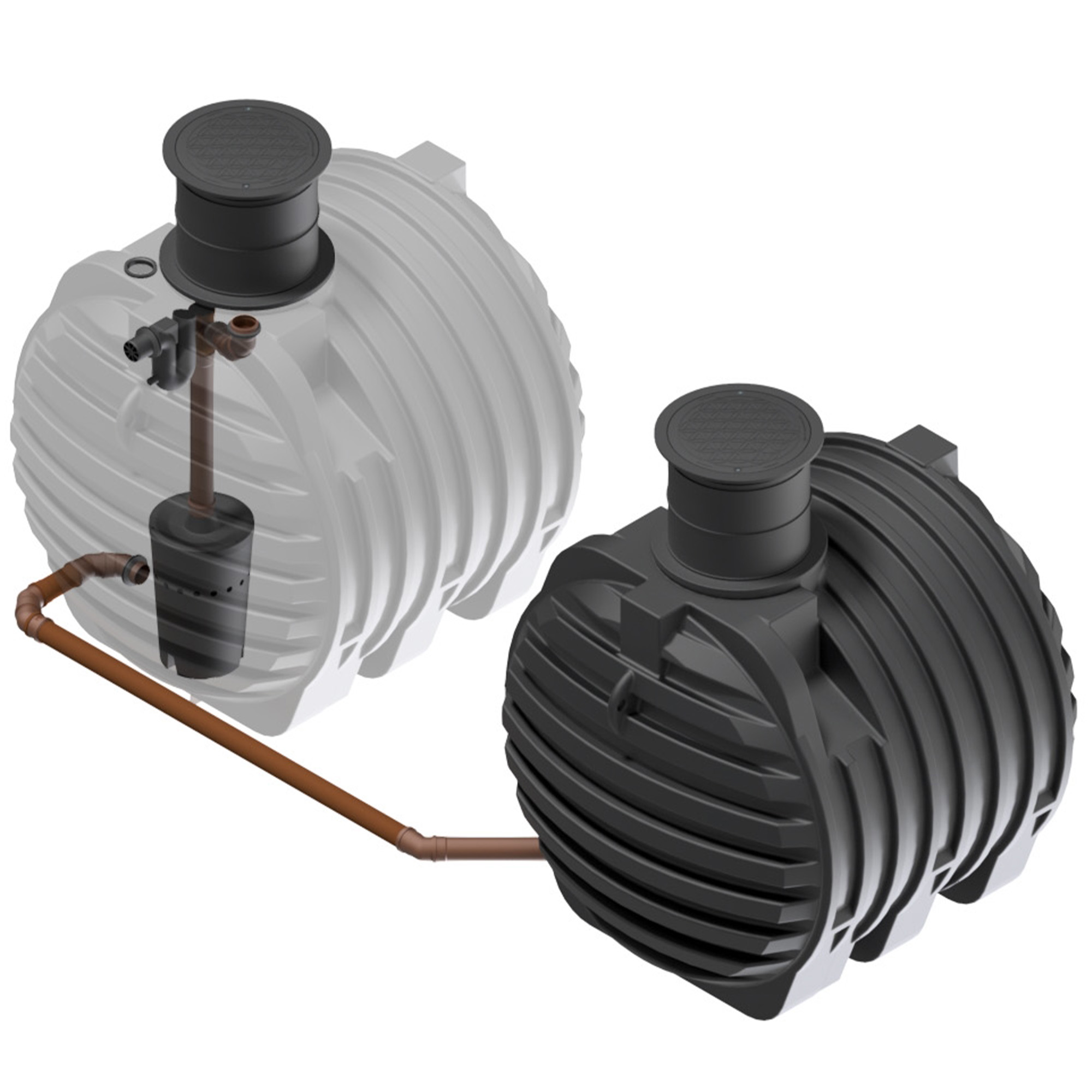 Zwei verbundene Erdtanks mit 13.000 L Gesamtvolumen, Biovitor-Filter und Überlaufsiphon sichtbar