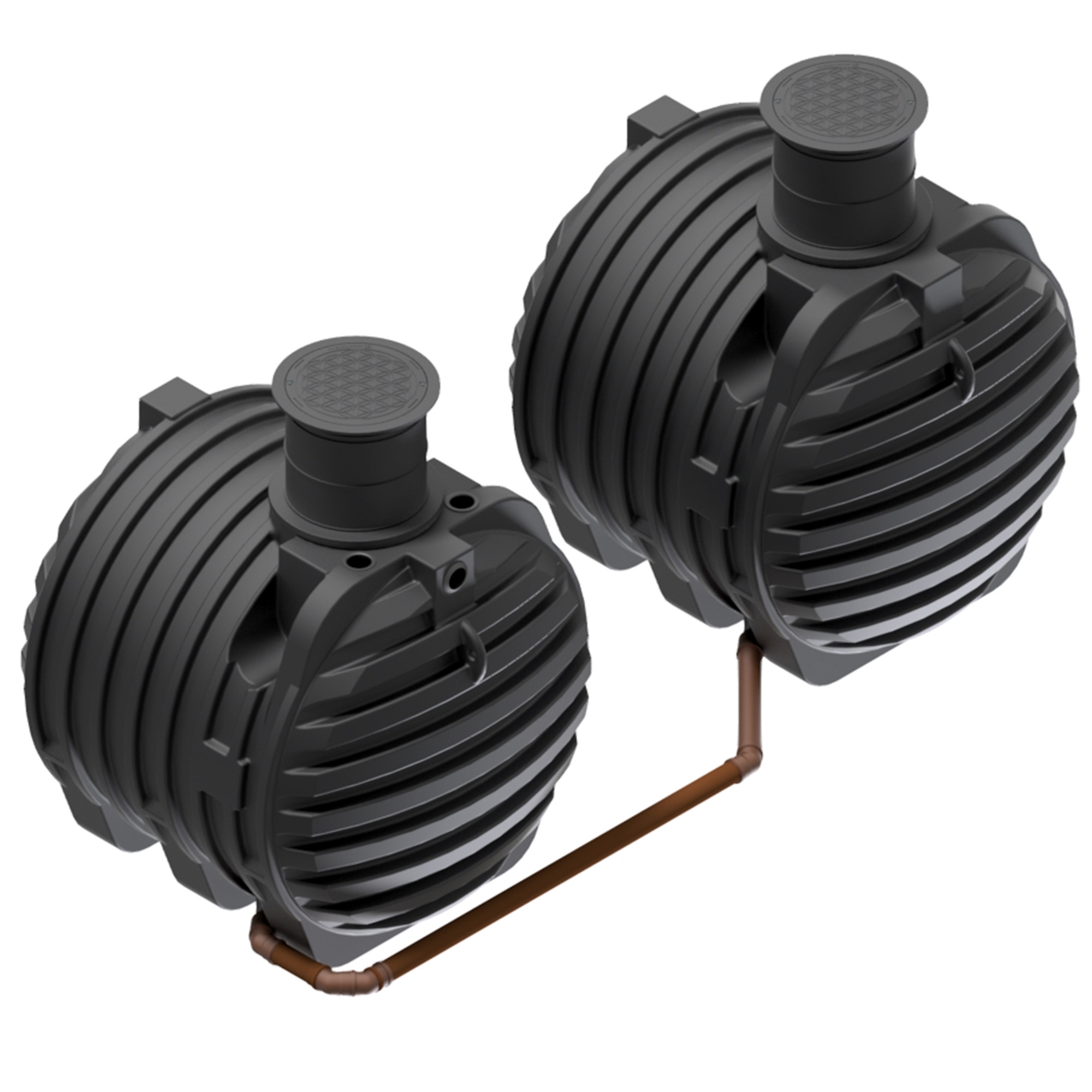 zwei miteinander verbundene Erdtanks, insgesamt 13000 Liter Volumen, Ansicht seitlich von oben, ohne Zubehör