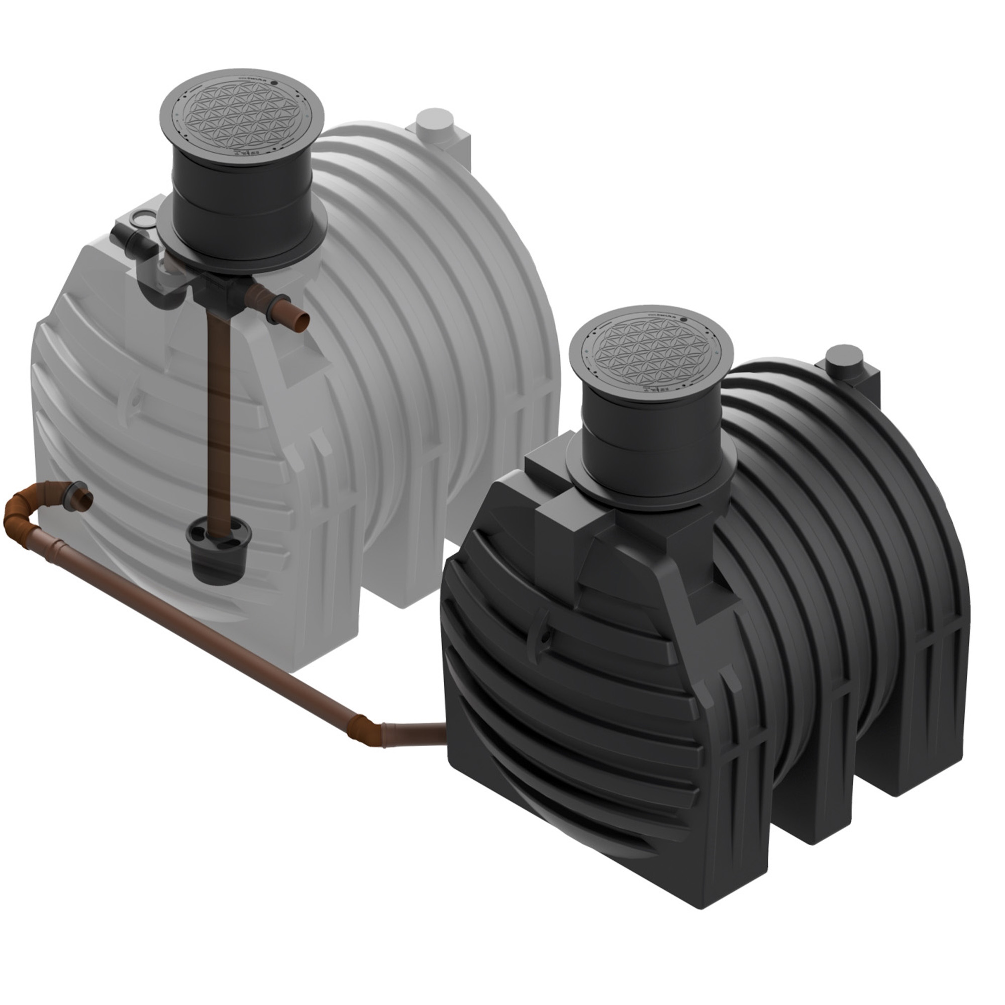 zwei miteinander verbundene Erdtanks, insgesamt 9400 Liter, ein Tank davon ist transparent dargestellt, mit Tankeinbaufilter und Zulaufberuhiger