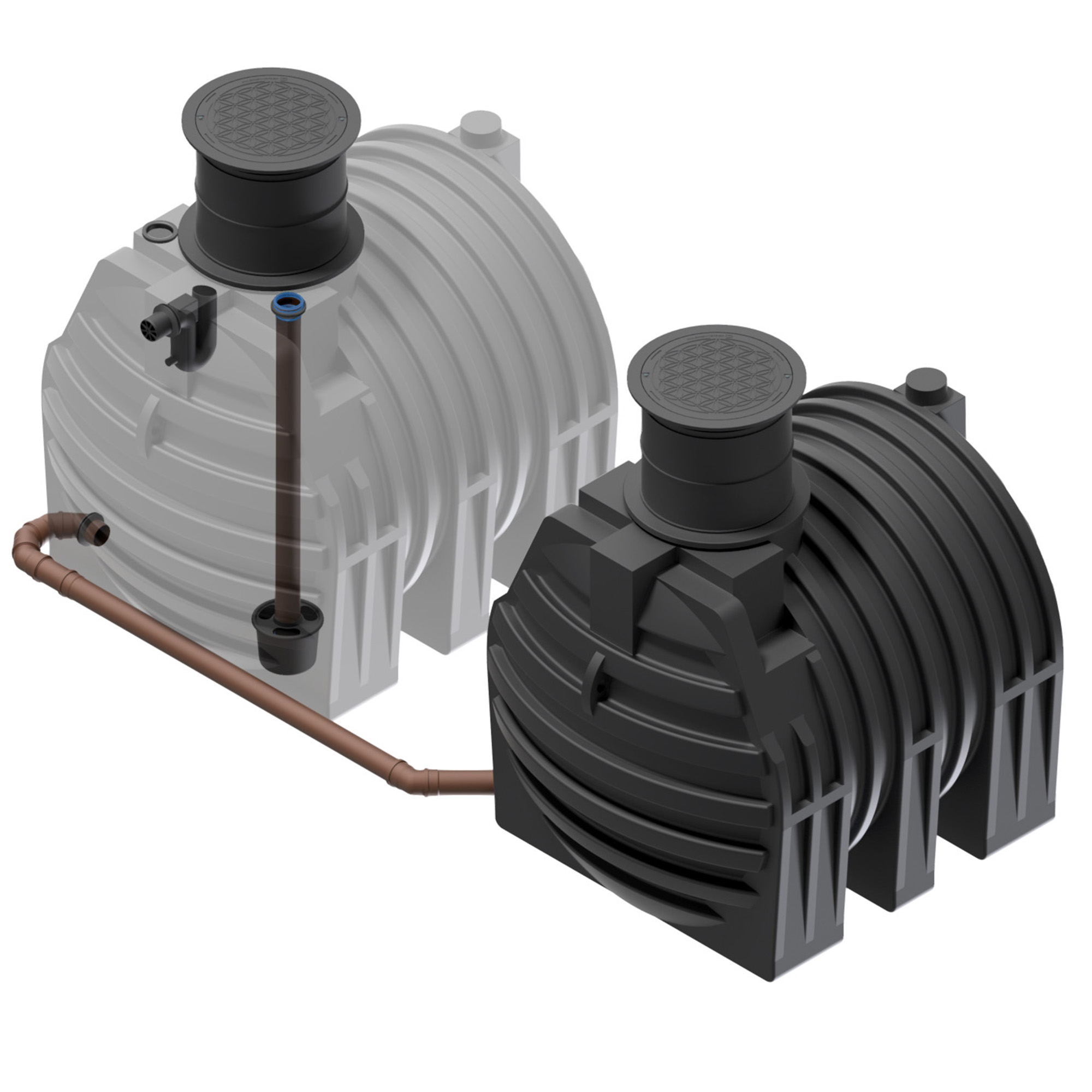 zwei verbundene erdtanks, einer davon transparent, der ZUlaufberuhiger und der Überlaufsiphon sind zu sehen