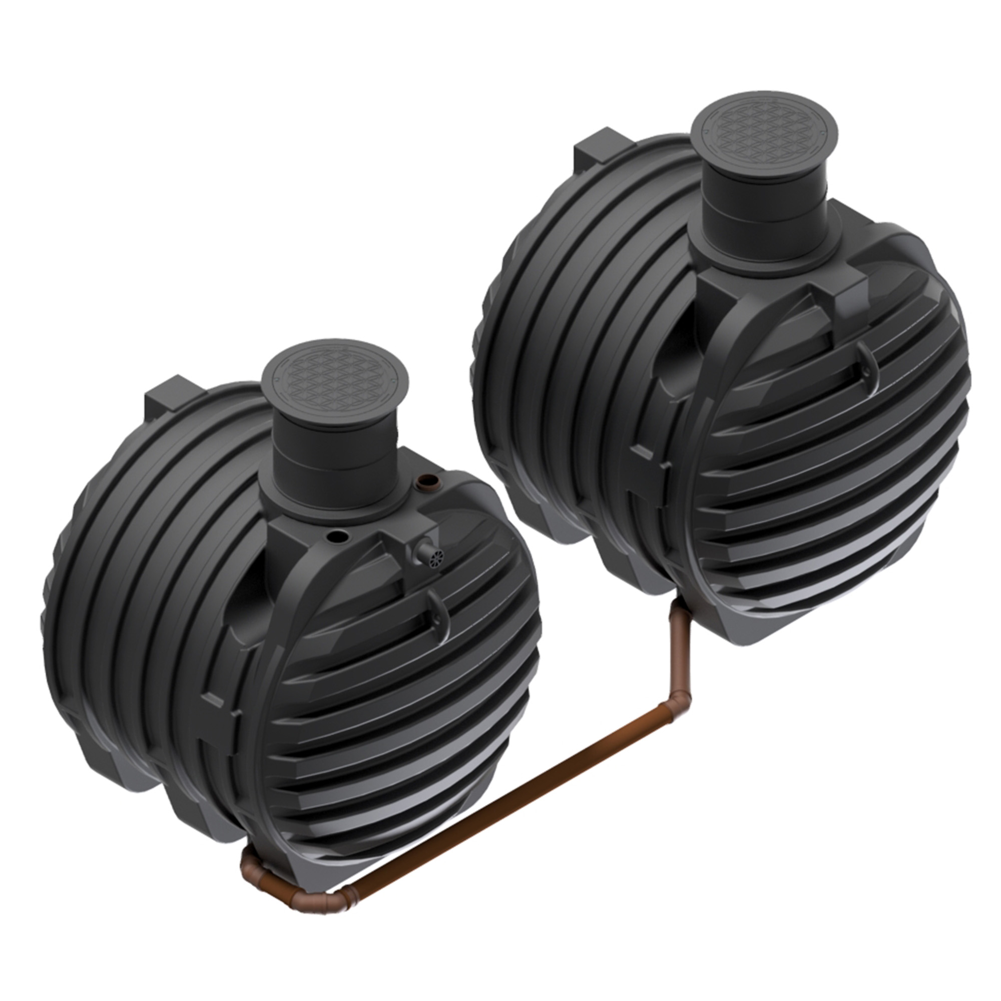 zwei miteinander verbundene Erdtanks, insgesamt mit 13000 Liter Volumen, mit Abdeckungen, mit Biovitor, seitliche Ansicht von oben