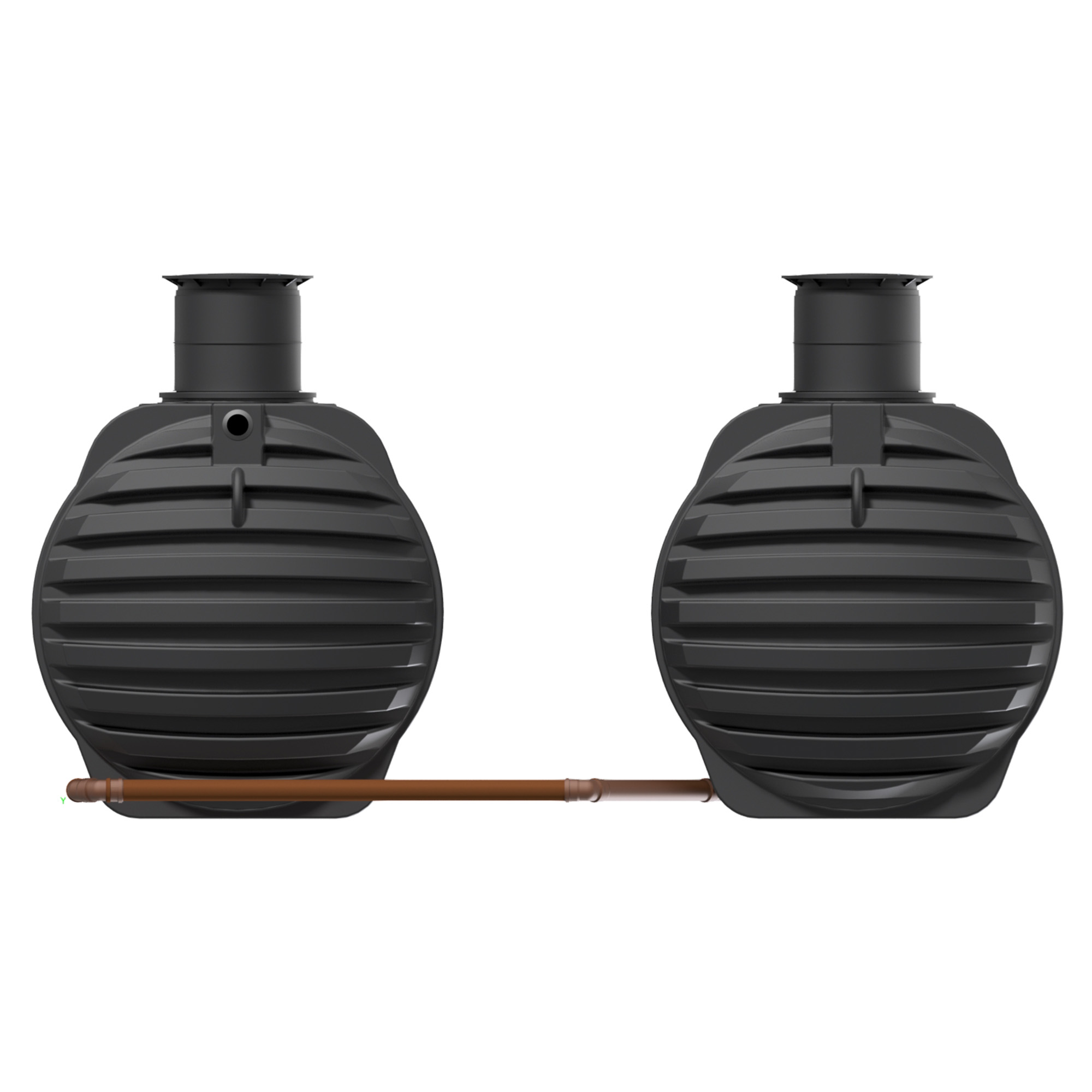 zwei miteinander verbundene Erdtnaks, insgesamt 13000 Liter Volumen, Rückansicht, ohne Zubehör