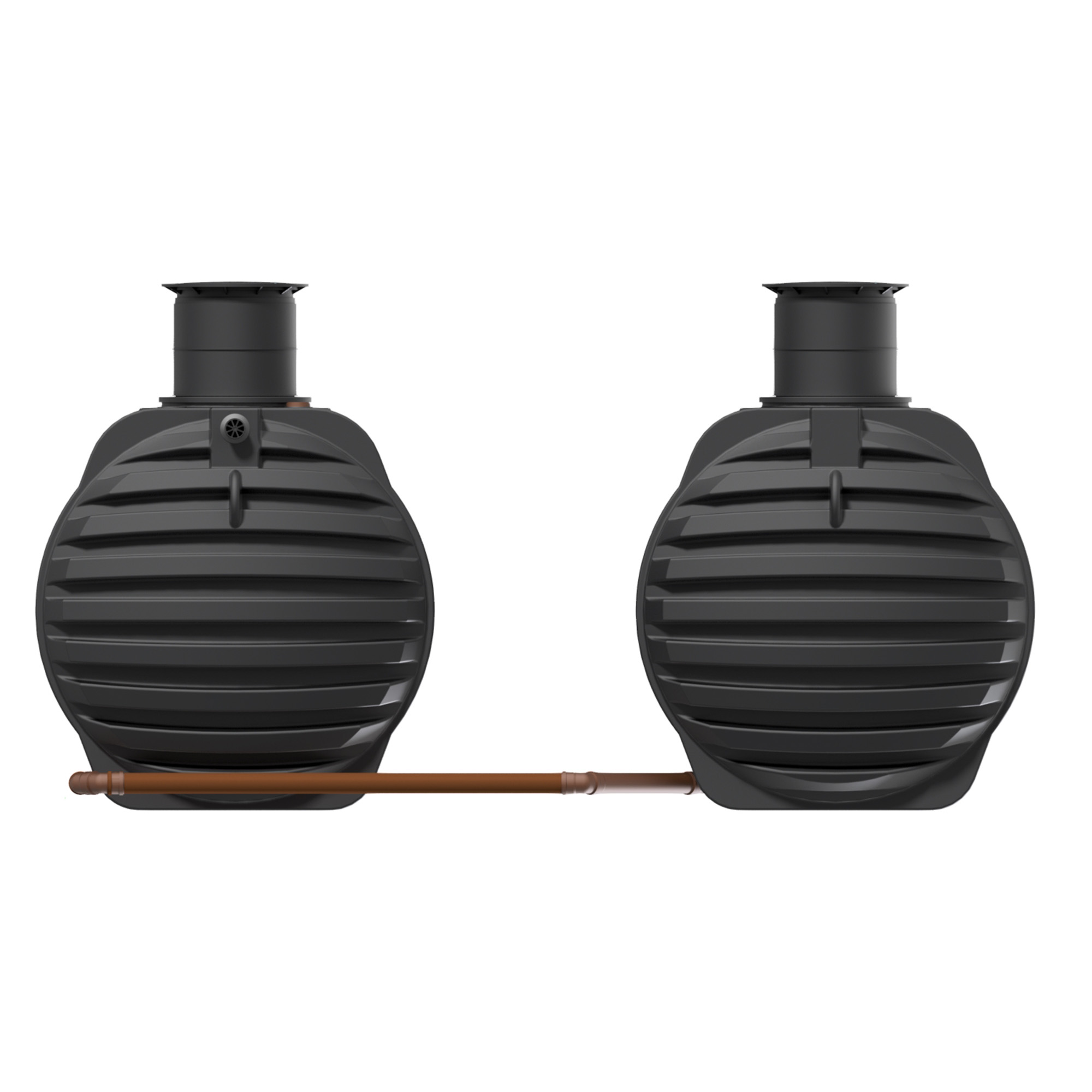 zwei miteinander verbundene Erdtanks, insgesamt mit 13000 LIter Volumen, mit Abdeckung, mit Biovitor, Rückansicht