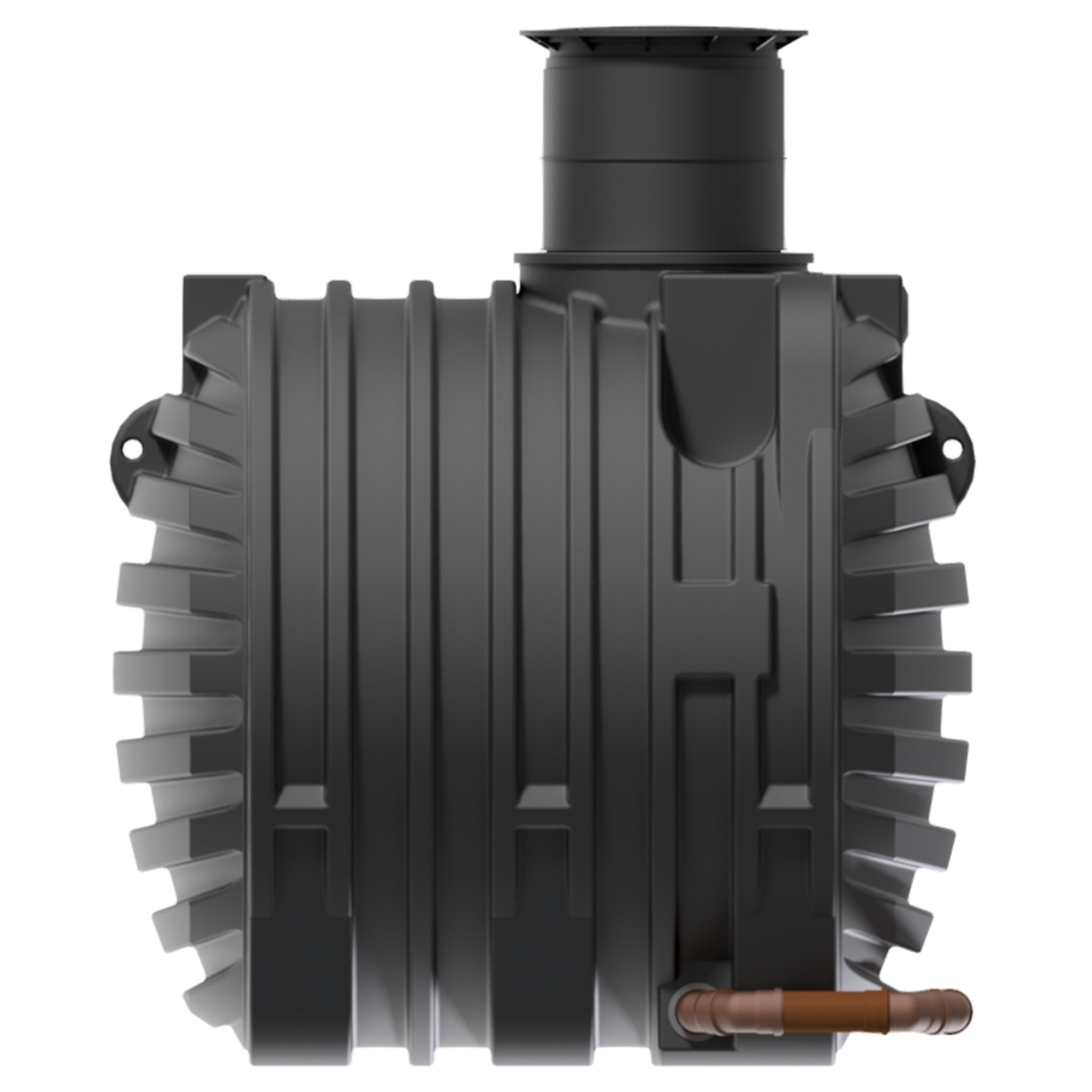 ein Tank, 13000 Liter, seitliche Darstellung, unten ist das verbindende KG-Rohr dargestellt