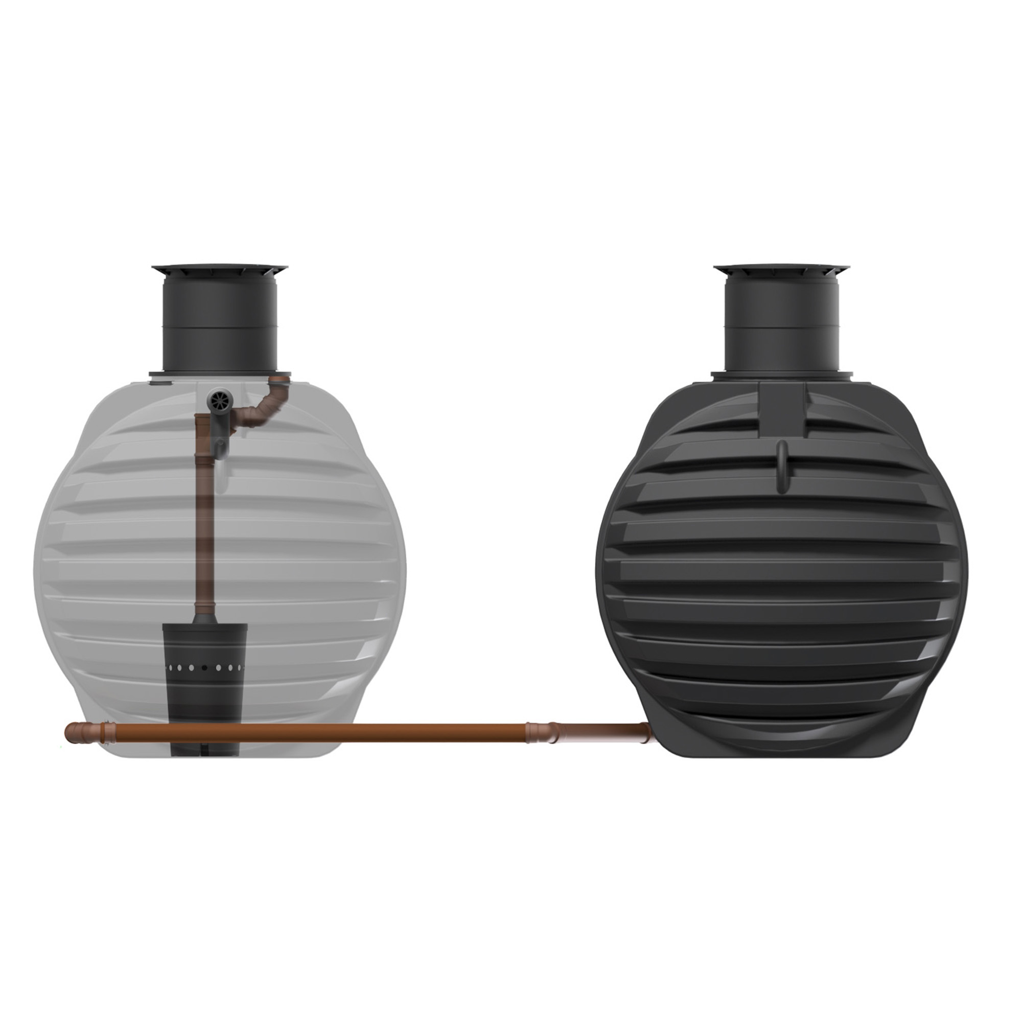 zwei miteinander verbundene Erdtanks, insgesamt mit 13000 LIter Volumen, ein Tank transparent dargestellt, mit Biovitor