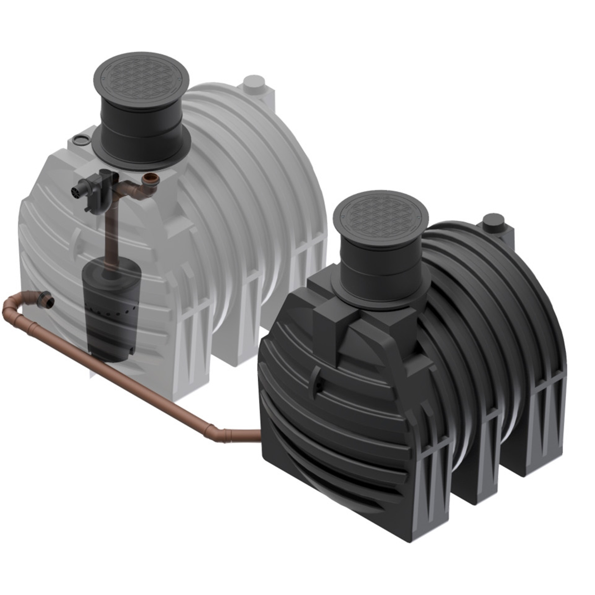 Zwei verbundene Erdtanks mit 9.400 L Gesamtvolumen, Biovitor-Filter und Überlaufsiphon sichtbar